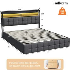 Lit Coffre 160x200 avec Rangement, LED, Sommier à Lattes, Prises USB/Type-C, Lit Double en Lin, Gris><noscript><img width=
