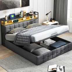 Lit Coffre 160x200 avec Rangement, LED, Sommier à Lattes, Prises USB/Type-C, Lit Double en Lin, Gris><noscript><img width=