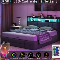 Lit Coffre 140x200 avec Rangement et éclairage LED, Sommier à Lattes, Lit Double avec USB et Type-C, Lit 2 Personnes, Lin, Gris>Simple Life New