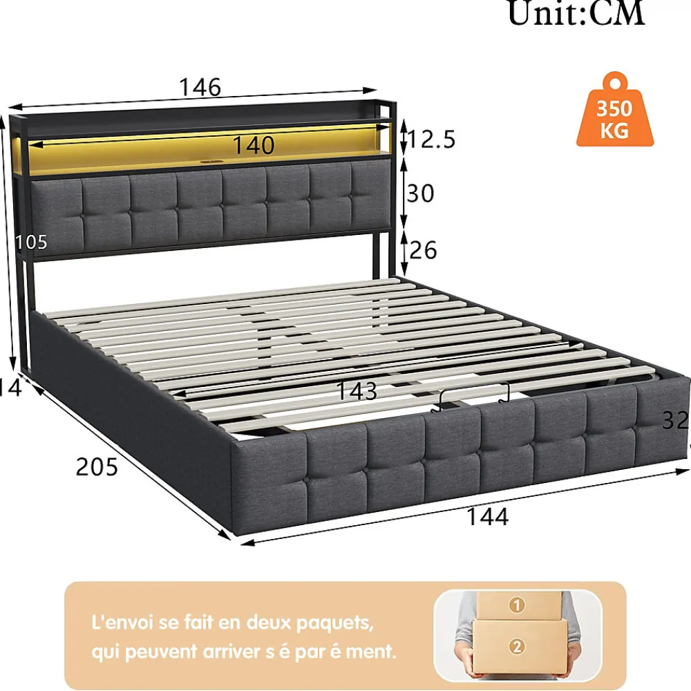 Lit Coffre 140x200 avec Rangement et éclairage LED, Sommier à Lattes, Lit Double avec USB et Type-C, Lit 2 Personnes, Lin, Gris>Simple Life New
