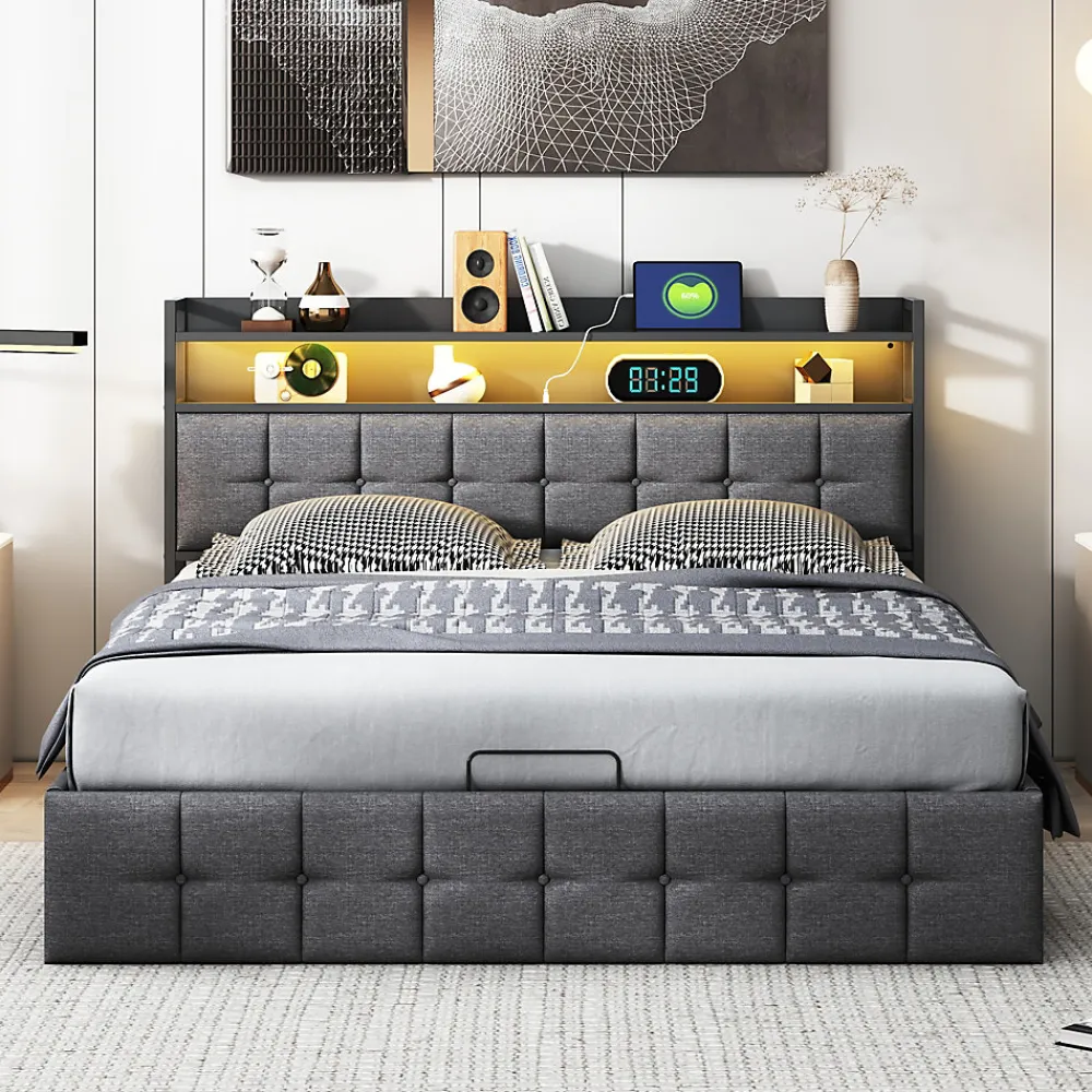 Lit Coffre 140x200 avec Rangement et éclairage LED, Sommier à Lattes, Lit Double avec USB et Type-C, Lit 2 Personnes, Lin, Gris>Simple Life New