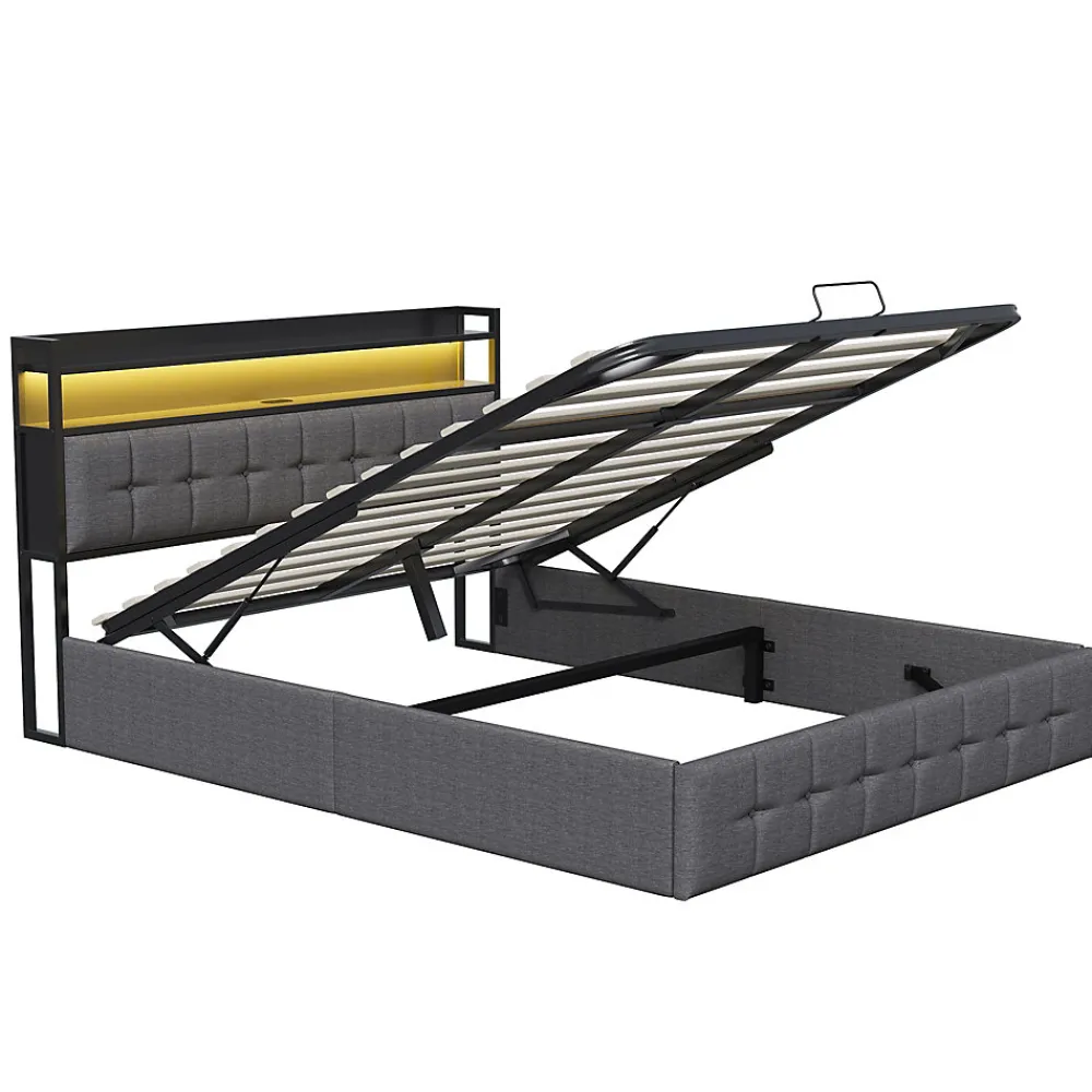 Lit Coffre 140x200 avec Rangement et éclairage LED, Sommier à Lattes, Lit Double avec USB et Type-C, Lit 2 Personnes, Lin, Gris>Simple Life New
