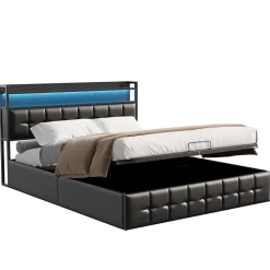 Lit Coffre 160x200 avec Rangement et éclairage LED, Lit 160x200 avec Sommier à Lattes,USB et Type-C,PU, Noir>Fortuna lai Clearance