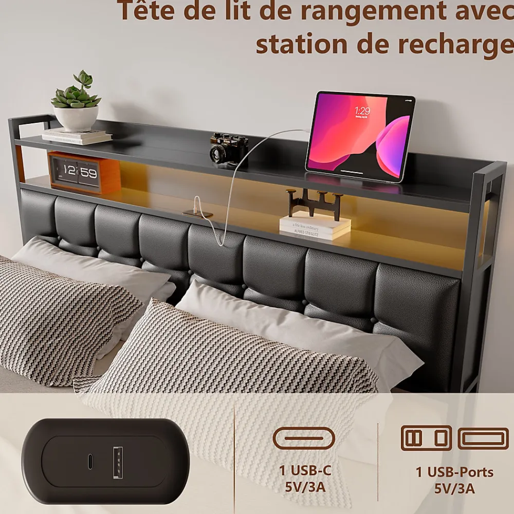 Lit Coffre 160x200 avec Rangement et éclairage LED, Lit 160x200 avec Sommier à Lattes,USB et Type-C,PU, Noir>Fortuna lai Clearance
