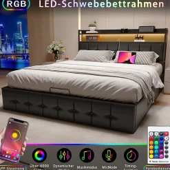 Lit Coffre 160x200 avec Rangement et éclairage LED, Lit 160x200 avec Sommier à Lattes,USB et Type-C,PU, Noir><noscript><img width=