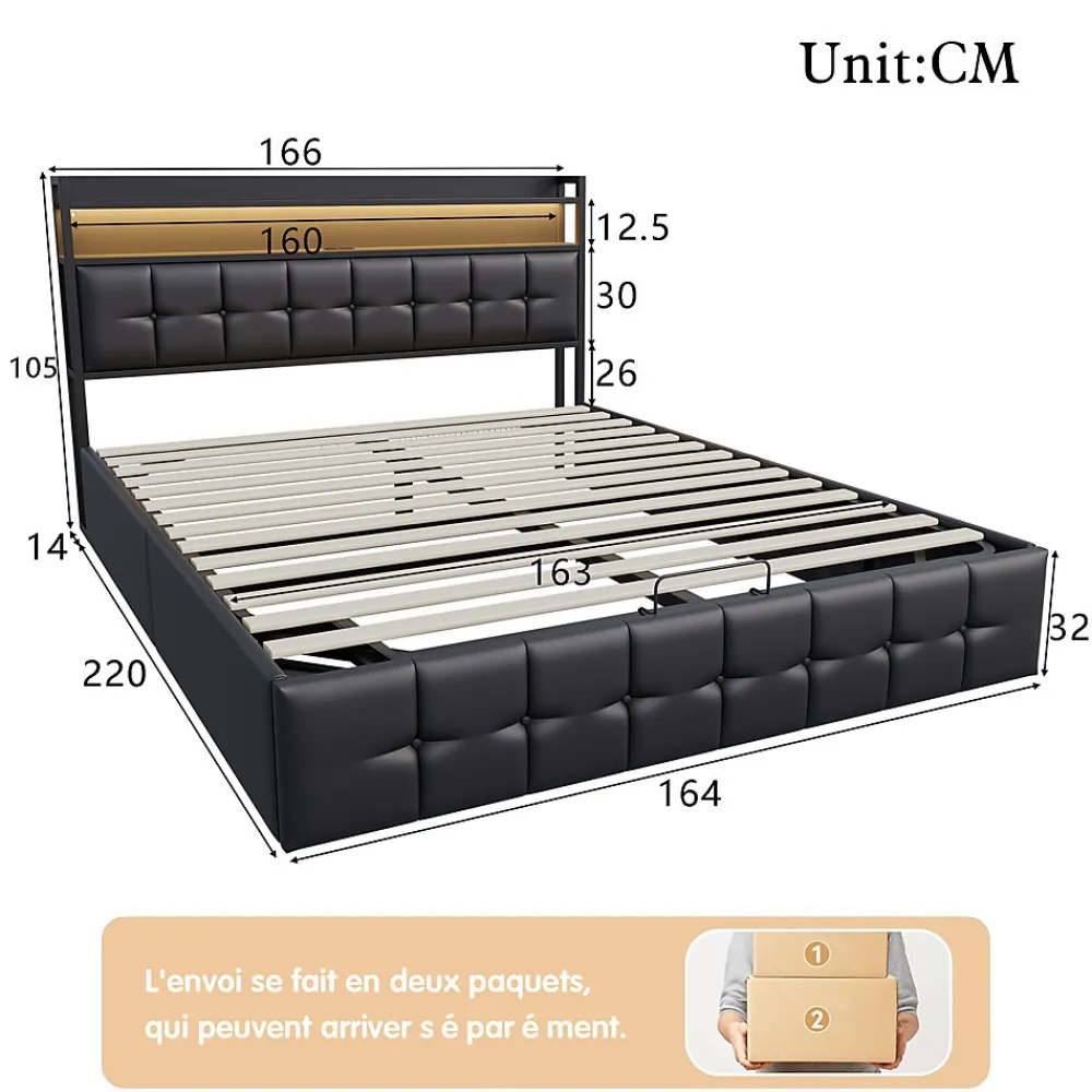 Lit Coffre 160x200 avec Rangement et éclairage LED, Lit 160x200 avec Sommier à Lattes,USB et Type-C,PU, Noir>Fortuna lai Clearance