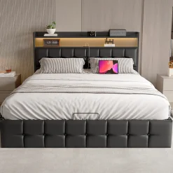 Lit Coffre 160x200 avec Rangement et éclairage LED, Lit 160x200 avec Sommier à Lattes,USB et Type-C,PU, Noir><noscript><img width=