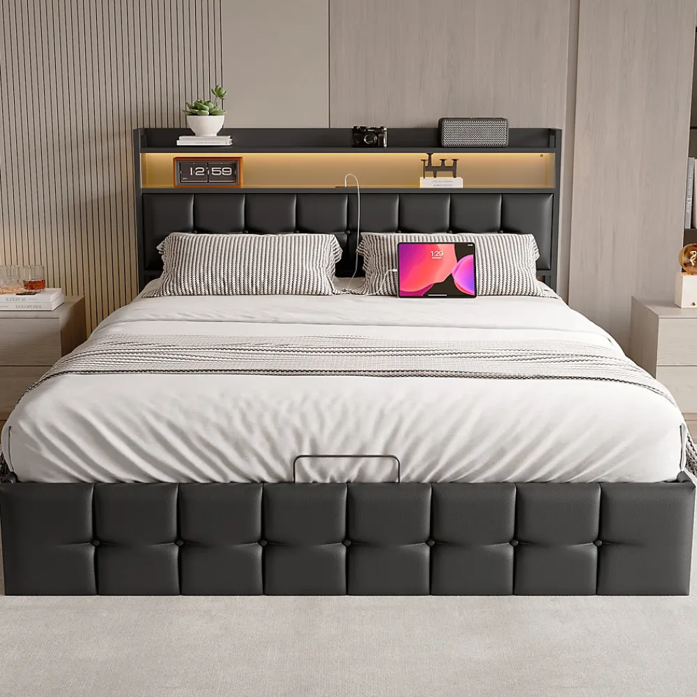 Lit Coffre 160x200 avec Rangement et éclairage LED, Lit 160x200 avec Sommier à Lattes,USB et Type-C,PU, Noir>Fortuna lai Clearance