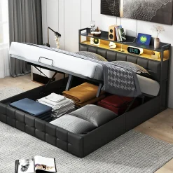 Lit Coffre 160x200 avec Rangement et éclairage LED, Lit 160x200 avec Sommier à Lattes,USB et Type-C,PU, Noir><noscript><img width=
