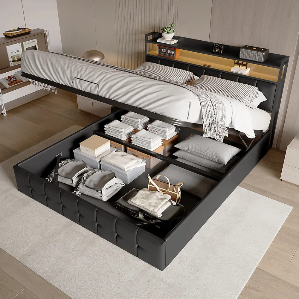 Lit Coffre 160x200 avec Rangement et éclairage LED, Lit 160x200 avec Sommier à Lattes,USB et Type-C,PU, Noir>Fortuna lai Clearance