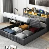 Lit Coffre 160x200 avec Rangement, LED, Sommier à Lattes, Prises USB/Type-C, Lit Double en Lin, Gris>ProximaX Online