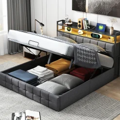 Lit Coffre 160x200 avec Rangement, LED, Sommier à Lattes, Prises USB/Type-C, Lit Double en Lin, Gris>ProximaX Online