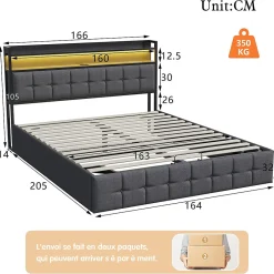 Lit Coffre 160x200 avec Rangement, LED, Sommier à Lattes, Prises USB/Type-C, Lit Double en Lin, Gris><noscript><img width=