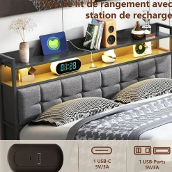 Lit Coffre 160x200 avec Rangement, LED, Sommier à Lattes, Prises USB/Type-C, Lit Double en Lin, Gris><noscript><img width=