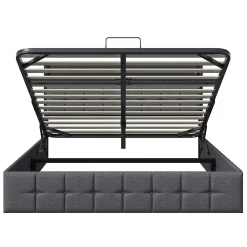Lit Coffre 160x200 avec Rangement, LED, Sommier à Lattes, Prises USB/Type-C, Lit Double en Lin, Gris><noscript><img width=