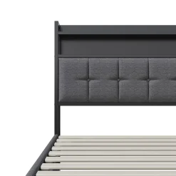 Lit Coffre 160x200 avec Rangement et éclairage LED, Sommier à Lattes, Lit Double avec USB et Type-C, Lit 2 Personnes, Lin, Gris><noscript><img width=