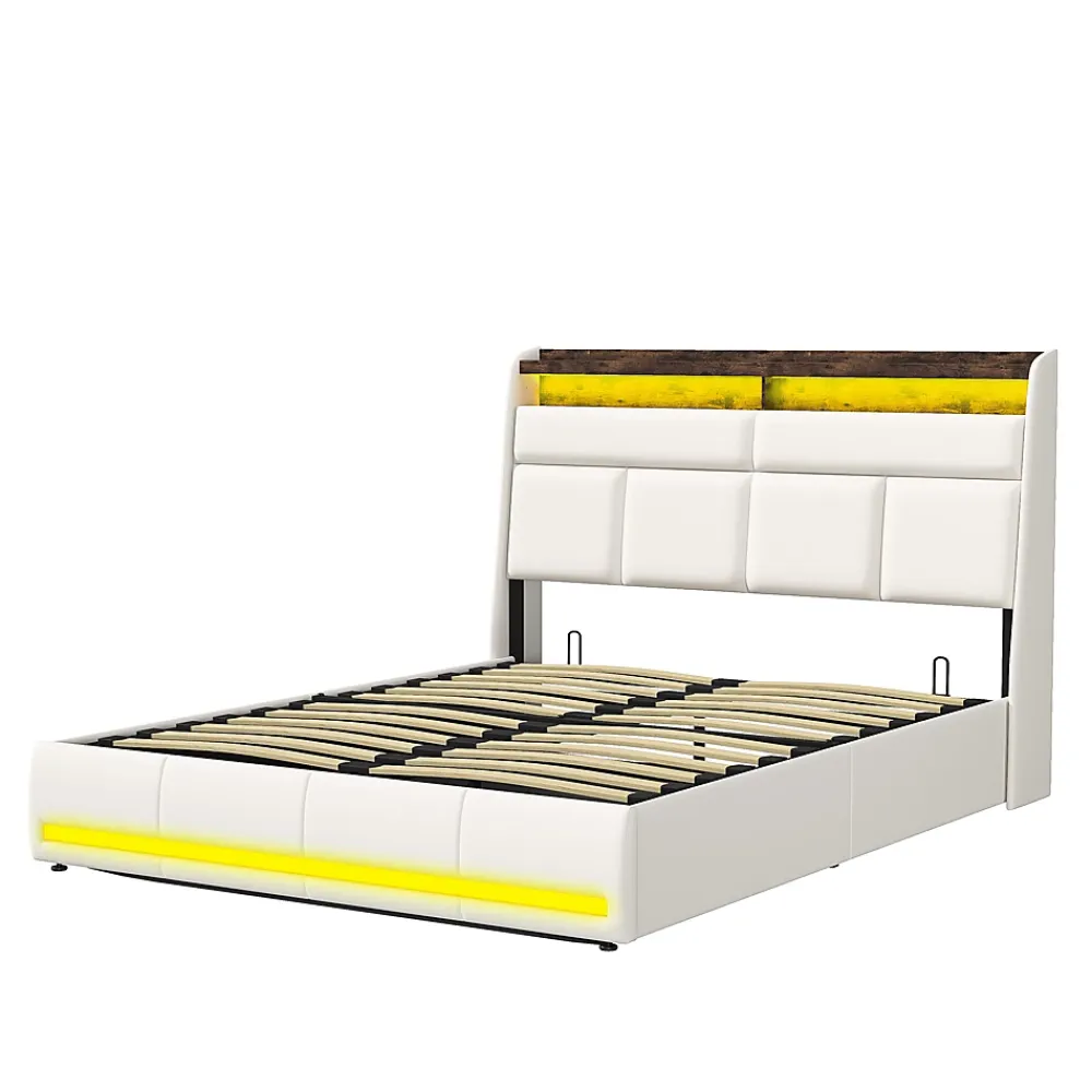 Simple Life Lit Coffre 140x200 Avec Sommier Et USB, LED, Cadre De Lit Avec Rangement Et Tete De Lit, Blanc* Lit Coffre