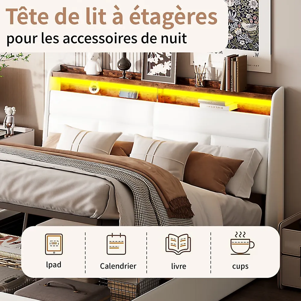 Simple Life Lit Coffre 140x200 Avec Sommier Et USB, LED, Cadre De Lit Avec Rangement Et Tete De Lit, Blanc* Lit Coffre