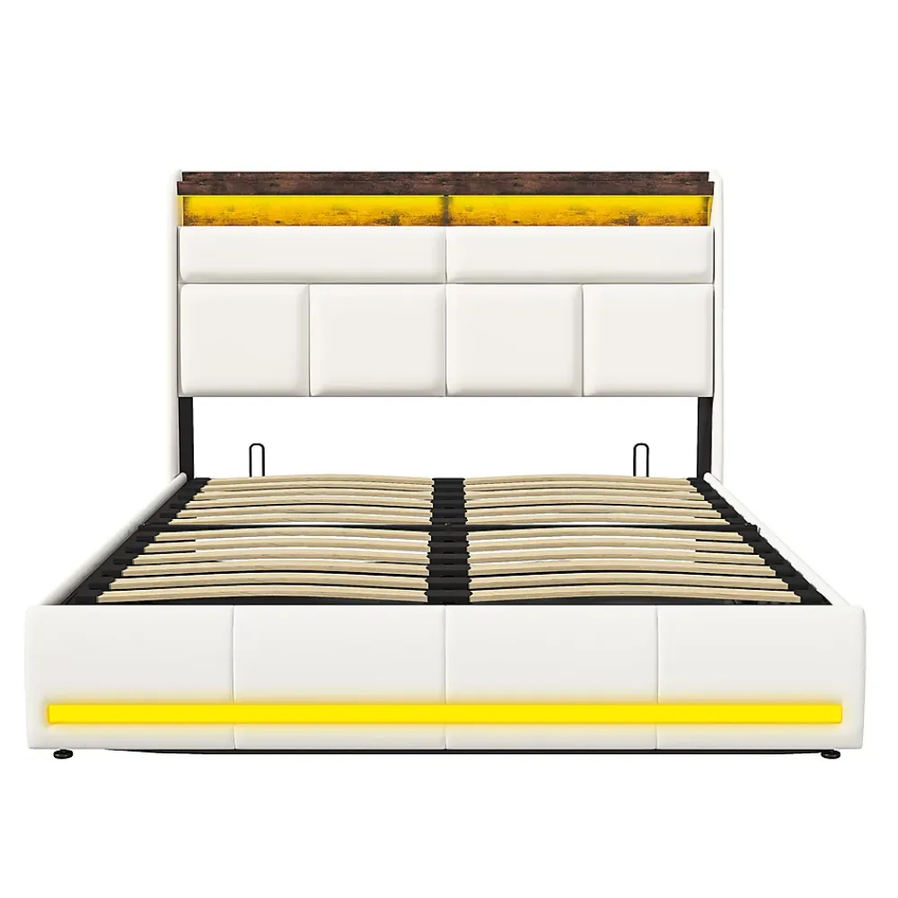 Simple Life Lit Coffre 140x200 Avec Sommier Et USB, LED, Cadre De Lit Avec Rangement Et Tete De Lit, Blanc* Lit Coffre