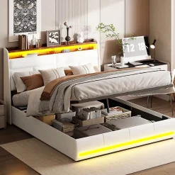 Simple Life Lit Coffre 140x200 Avec Sommier Et USB, LED, Cadre De Lit Avec Rangement Et Tete De Lit, Blanc* Lit Coffre