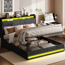 Lit Coffre 160x200 Avec Sommier Et USB, LED, Cadre De Lit Avec Rangement Et Tete De Lit, Noir>Simple Life Clearance