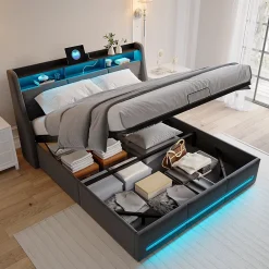 Lit Coffre 160x200 Avec Sommier, Lit Coffre Avec Port USB De Type C, Éclairage LED, Lin, Gris>Simple Life Sale