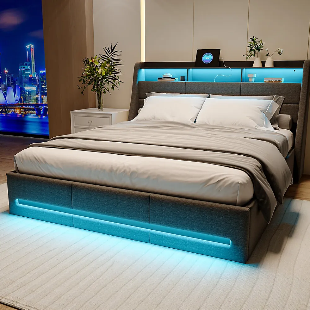 Lit Coffre 160x200 Avec Sommier, Lit Coffre Avec Port USB De Type C, Éclairage LED, Lin, Gris>Simple Life Sale
