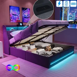 Simple Life Lit Coffre 160x200 avec Sommier, Lit Coffre avec Port USB de Type C, éclairage LED, Lin, Gris* Lit Coffre