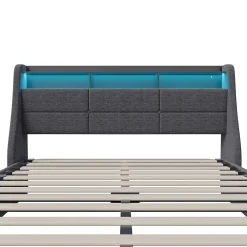 Simple Life Lit Coffre 160x200 avec Sommier, Lit Coffre avec Port USB de Type C, éclairage LED, Lin, Gris* Lit Coffre