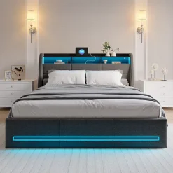 Simple Life Lit Coffre 160x200 avec Sommier, Lit Coffre avec Port USB de Type C, éclairage LED, Lin, Gris* Lit Coffre