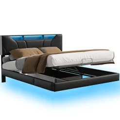 Fortuna lai Lit Coffre 160x200 avec Sommier LED Hydraulique avec Rangement et Tete de Lit 2 Personnes Lits pour Adulte Coffre Noir+PU* Lit Coffre