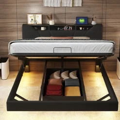 Fortuna lai Lit Coffre 160x200 avec Sommier LED Hydraulique avec Rangement et Tete de Lit 2 Personnes Lits pour Adulte Coffre Noir+PU* Lit Coffre