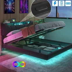 Fortuna lai Lit Coffre 160x200 avec Sommier LED Hydraulique avec Rangement et Tete de Lit 2 Personnes Lits pour Adulte Coffre Noir+PU* Lit Coffre