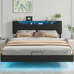 Fortuna lai Lit Coffre 160x200 avec Sommier LED Hydraulique avec Rangement et Tete de Lit 2 Personnes Lits pour Adulte Coffre Noir+PU* Lit Coffre