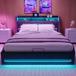 Lit Coffre 140x200 avec Sommier, Lit Coffre avec Port USB de Type C, éclairage LED, Lin, Gris><noscript><img width=
