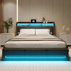 Lit Coffre 140x200 avec Sommier, Lit Coffre avec Port USB de Type C, éclairage LED, Lin, Gris><noscript><img width=