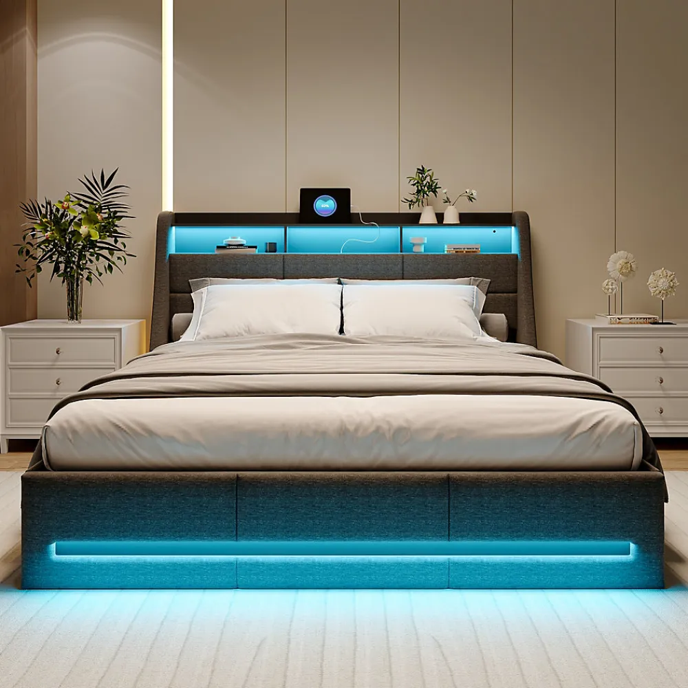 Lit Coffre 140x200 avec Sommier, Lit Coffre avec Port USB de Type C, éclairage LED, Lin, Gris>Simple Life Best