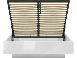 Lit coffre 160x200 avec sommier et rangement, coloris Blanc brillant/Blanc haute brillance - L. 206 x P. 169,5 x H. 98,5/43 cm><noscript><img width=