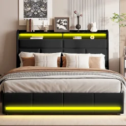 Lit Coffre 140x200 Avec Sommier Et USB, LED, Cadre De Lit Avec Rangement Et Tete De Lit, Noir><noscript><img width=