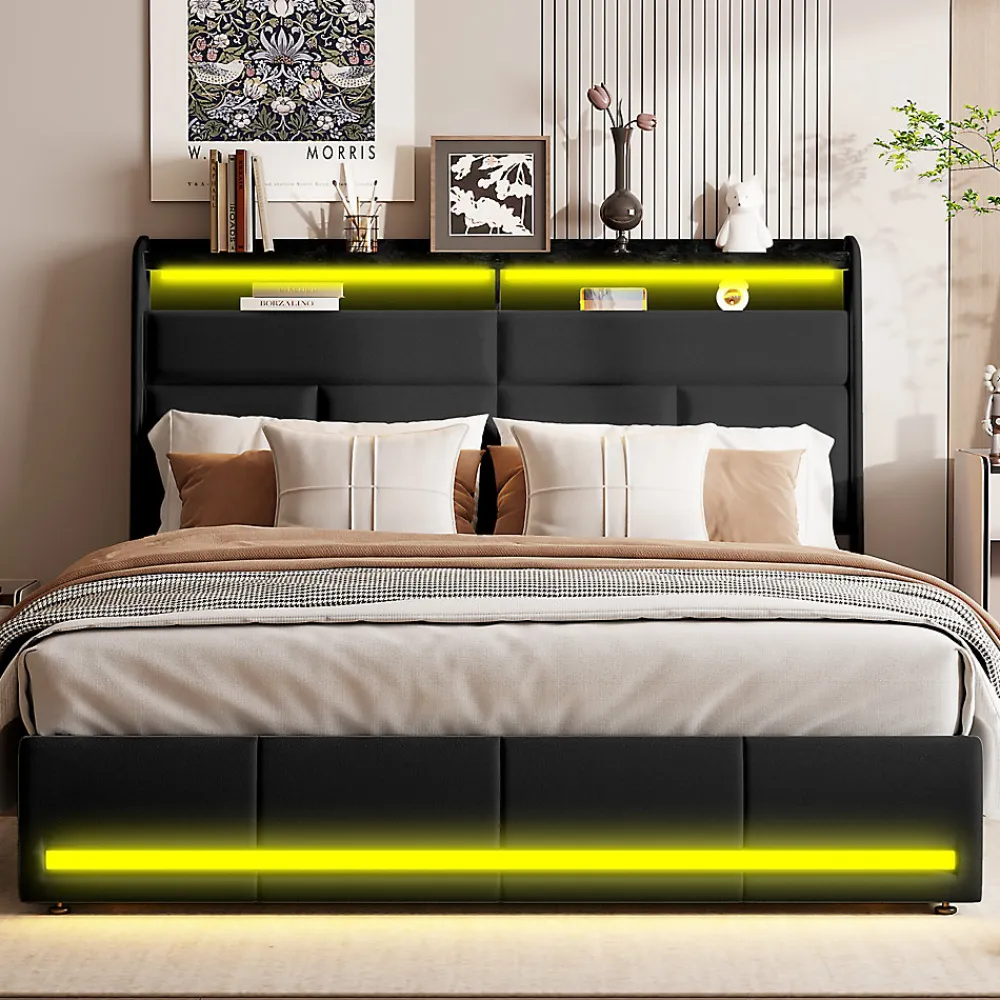 Lit Coffre 140x200 Avec Sommier Et USB, LED, Cadre De Lit Avec Rangement Et Tete De Lit, Noir>Simple Life Outlet