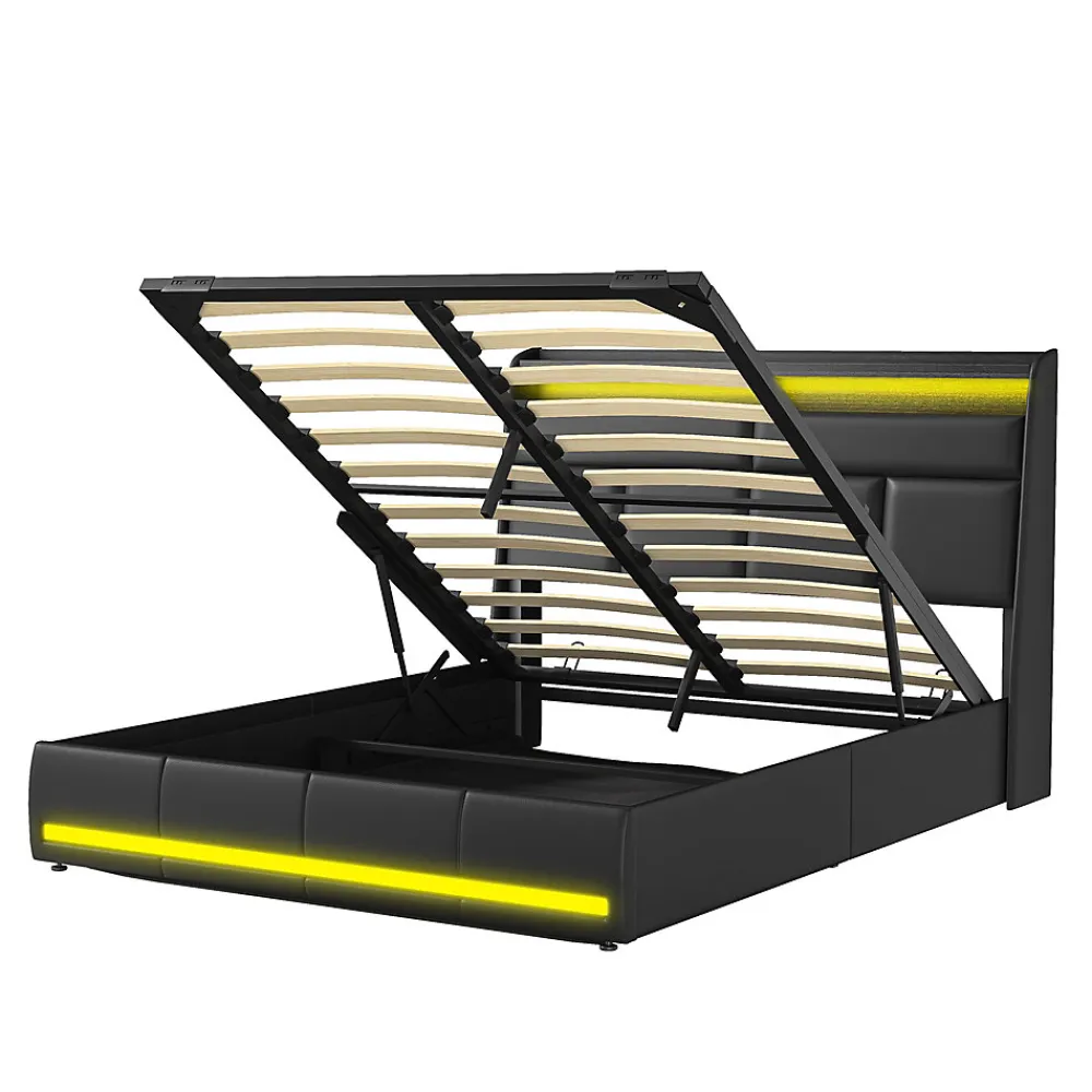 Lit Coffre 140x200 Avec Sommier Et USB, LED, Cadre De Lit Avec Rangement Et Tete De Lit, Noir>Simple Life Outlet