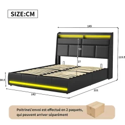 Lit Coffre 140x200 Avec Sommier Et USB, LED, Cadre De Lit Avec Rangement Et Tete De Lit, Noir><noscript><img width=
