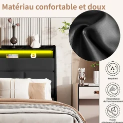 Lit Coffre 140x200 Avec Sommier Et USB, LED, Cadre De Lit Avec Rangement Et Tete De Lit, Noir><noscript><img width=