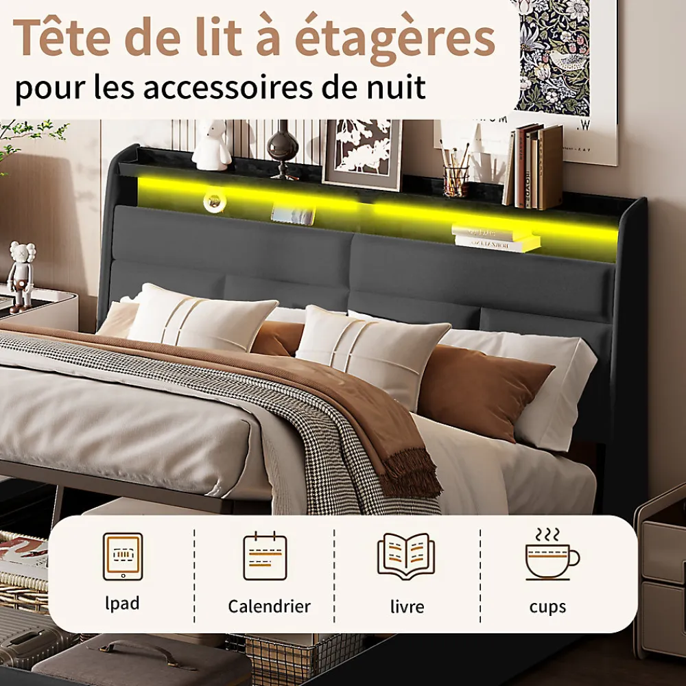 Lit Coffre 140x200 Avec Sommier Et USB, LED, Cadre De Lit Avec Rangement Et Tete De Lit, Noir>Simple Life Outlet