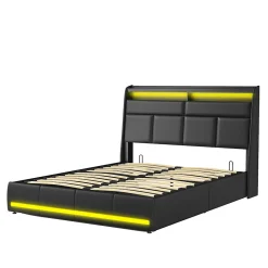 Lit Coffre 140x200 Avec Sommier Et USB, LED, Cadre De Lit Avec Rangement Et Tete De Lit, Noir><noscript><img width=