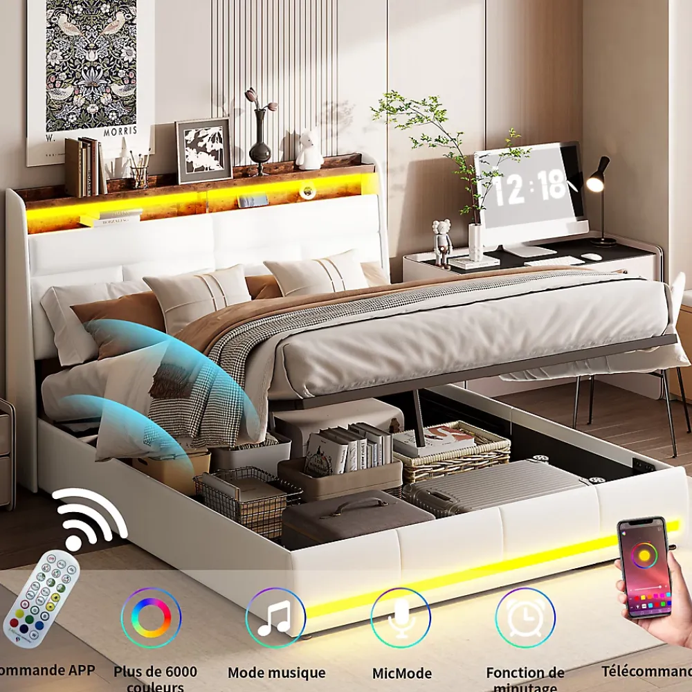 Simple Life Lit Coffre 160x200 Avec Sommier Et USB, LED, Cadre De Lit Avec Rangement Et Tete De Lit, Blanc* Lit Coffre