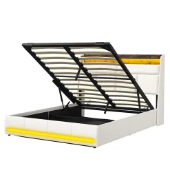Simple Life Lit Coffre 160x200 Avec Sommier Et USB, LED, Cadre De Lit Avec Rangement Et Tete De Lit, Blanc* Lit Coffre