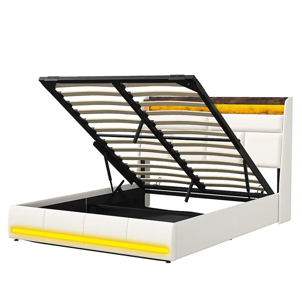 Simple Life Lit Coffre 160x200 Avec Sommier Et USB, LED, Cadre De Lit Avec Rangement Et Tete De Lit, Blanc* Lit Coffre