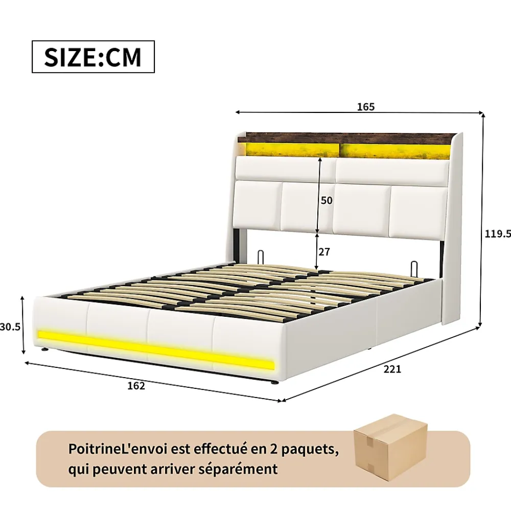 Simple Life Lit Coffre 160x200 Avec Sommier Et USB, LED, Cadre De Lit Avec Rangement Et Tete De Lit, Blanc* Lit Coffre