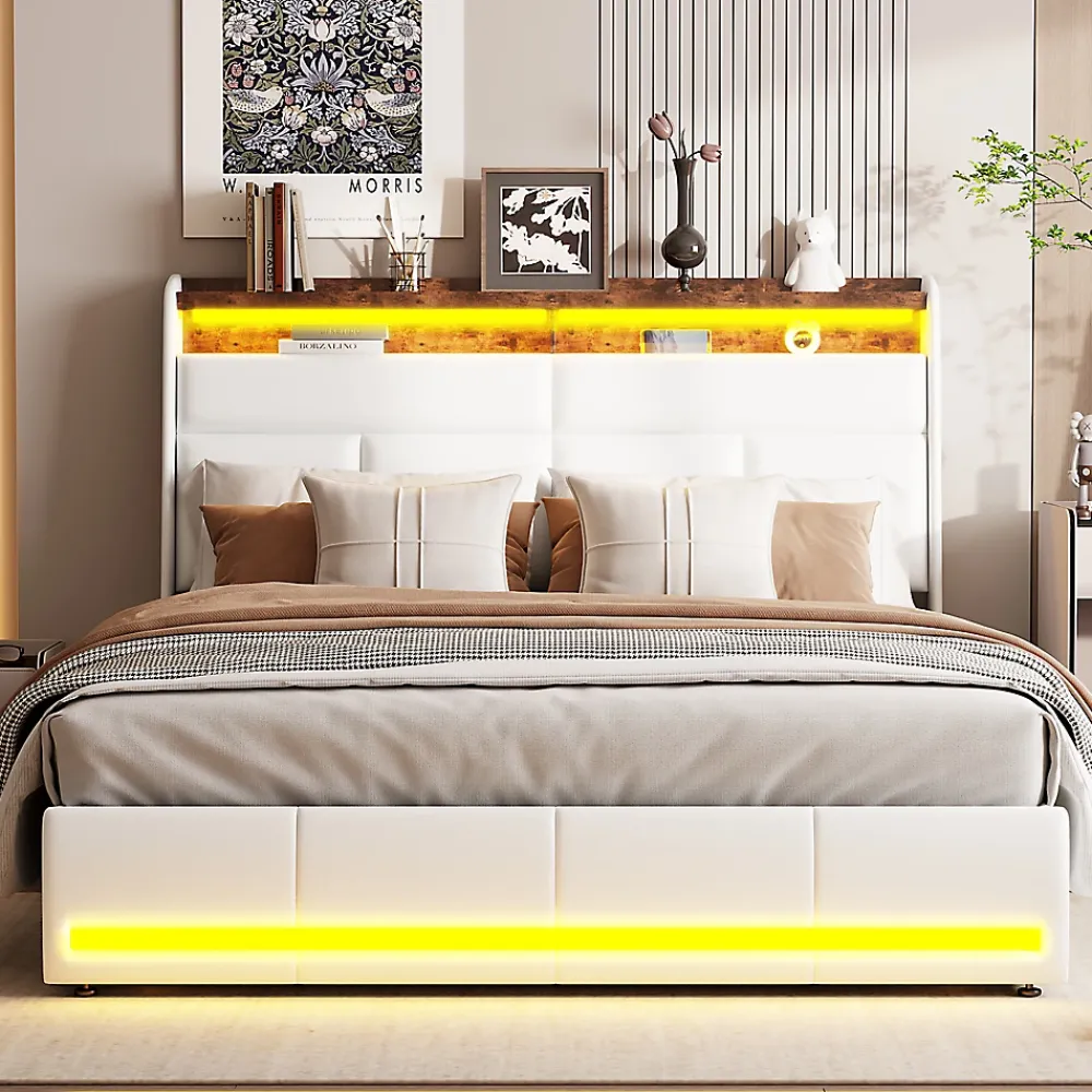 Simple Life Lit Coffre 160x200 Avec Sommier Et USB, LED, Cadre De Lit Avec Rangement Et Tete De Lit, Blanc* Lit Coffre